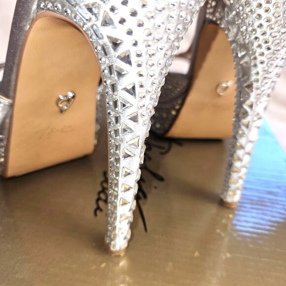 Thalia Sodi Silver Rhinestone Studded High Heel T-Strap Peep Toe Shoes 7M - Picture 5 of 14